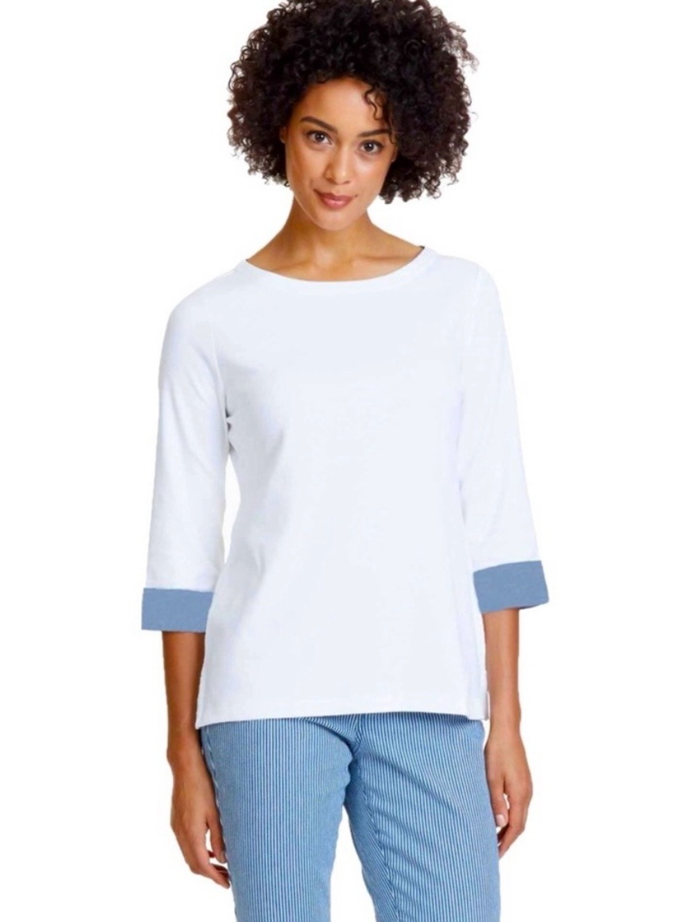 Nautica Women’s Classic White Cotton Boatneck Top with Blue Cuff Detail Size XXL